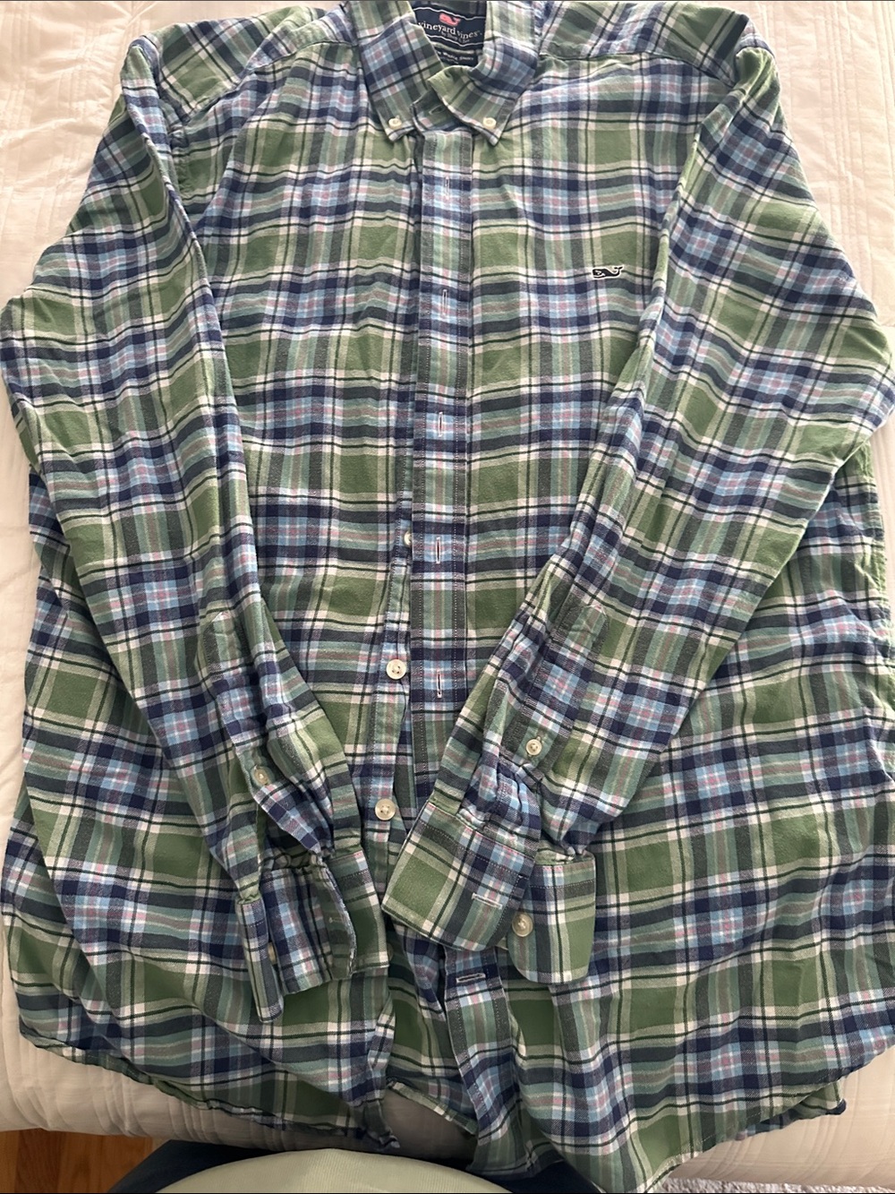 Vineyard Vines Men's Green and Blue Plaid Button-Down Shirt